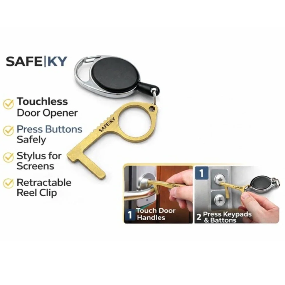 Safe-Ky Brass Touchless Door Opener Tool Retractable Reel‎ Keychain Clip J-01
